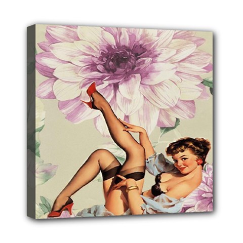 Gil Elvgren Pin Up Girl Purple Flower Fashion Art Mini Canvas 8  X 8  (framed) by chicelegantboutique