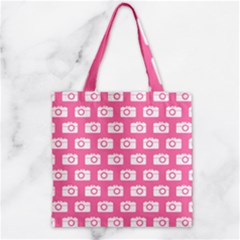 Pink Modern Chic Vector Camera Illustration Pattern Zipper Grocery Tote Bags by GardenOfOphir