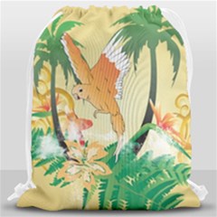 Funny Budgies With Palm And Flower Drawstring Bag (large) by FantasyWorld7