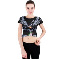 Surfboarder With Damask In Blue On Black Bakcground Crew Neck Crop Top by FantasyWorld7