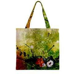 Awesome Flowers And Lleaves With Dragonflies On Red Green Background With Grunge Zipper Grocery Tote Bags by FantasyWorld7