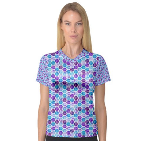 Purple Blue Cubes Women s V-neck Sport Mesh Tee by Zandiepants