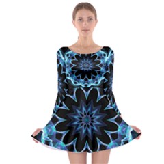 Crystal Star, Abstract Glowing Blue Mandala Long Sleeve Skater Dress by DianeClancy