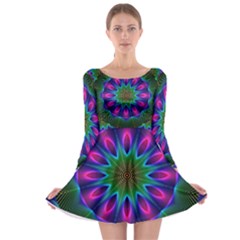 Star Of Leaves, Abstract Magenta Green Forest Long Sleeve Skater Dress by DianeClancy