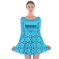 Vibrant Modern Abstract Lattice Aqua Blue Quilt Long Sleeve Skater Dress by DianeClancy