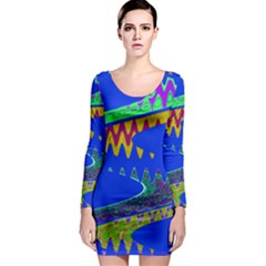 Colorful Wave Blue Abstract Long Sleeve Bodycon Dress by BrightVibesDesign