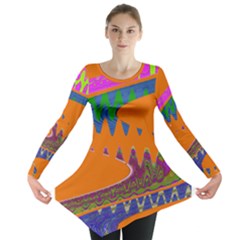 Colorful Wave Orange Abstract Long Sleeve Tunic  by BrightVibesDesign