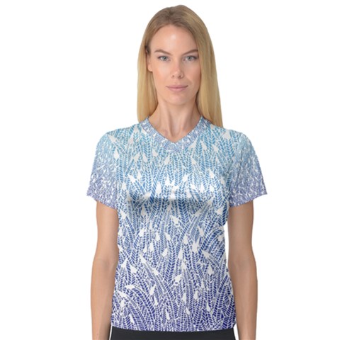 Blue Ombre Feather Pattern, White,  Women s V-neck Sport Mesh Tee by Zandiepants