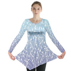 Blue Ombre Feather Pattern, White,  Long Sleeve Tunic  by Zandiepants