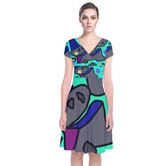 Blue Comic Abstract Short Sleeve Front Wrap Dress by Valentinaart