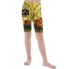 Halloween, Funny Pumpkins And Skull With Spider Kids  Mid Length Swim Shorts by FantasyWorld7