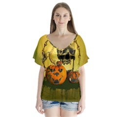 Halloween, Funny Pumpkins And Skull With Spider Flutter Sleeve Top by FantasyWorld7