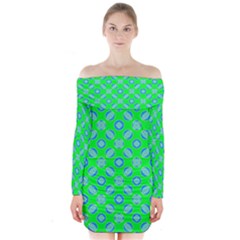 Mod Blue Circles On Bright Green Long Sleeve Off Shoulder Dress by BrightVibesDesign