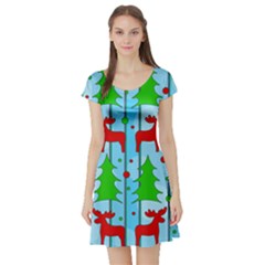 Xmas Reindeer Pattern - Blue Short Sleeve Skater Dress by Valentinaart