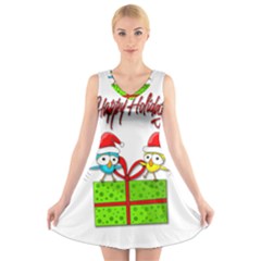 Cute Xmas Birds V-neck Sleeveless Skater Dress by Valentinaart