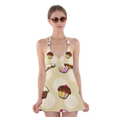 Colorful Cupcakes Pattern Halter Swimsuit Dress by Valentinaart