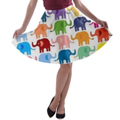 Colorful Small Elephants A-line Skater Skirt by Brittlevirginclothing