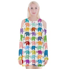 Colorful Small Elephants Velvet Long Sleeve Shoulder Cutout Dress by Brittlevirginclothing