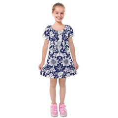 Deep Blue Flower Kids  Short Sleeve Velvet Dress by Brittlevirginclothing