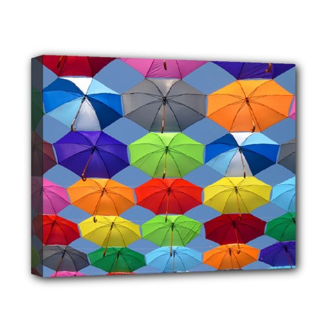 Color Umbrella Blue Sky Red Pink Grey And Green Folding Umbrella Painting Canvas 10  X 8  by Nexatart