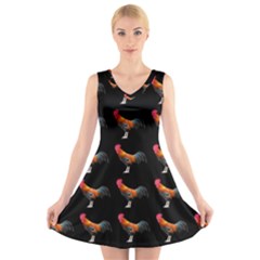 Background Pattern Chicken Fowl V-neck Sleeveless Skater Dress by Amaryn4rt