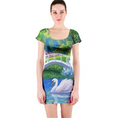 Swan Bird Spring Flowers Trees Lake Pond Landscape Original Aceo Painting Art Short Sleeve Bodycon Dress by Amaryn4rt