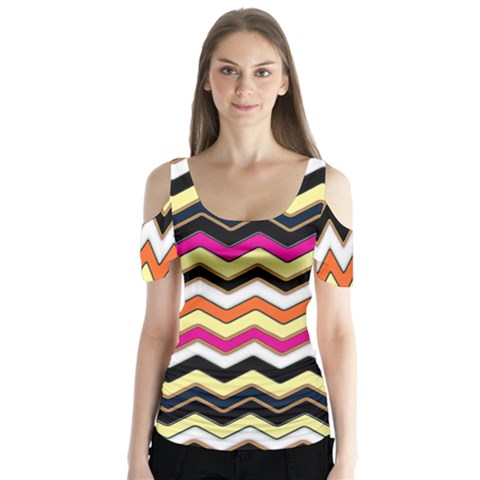 Colorful Chevron Pattern Stripes Pattern Butterfly Sleeve Cutout Tee  by Simbadda