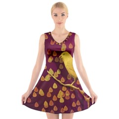 Bird Design Wall Golden Color V-neck Sleeveless Skater Dress by Simbadda