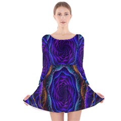 Flowers Dive Neon Light Patterns Long Sleeve Velvet Skater Dress by Simbadda