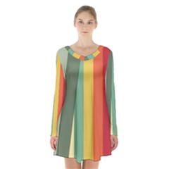 Texture Stripes Lines Color Bright Long Sleeve Velvet V-neck Dress by Simbadda