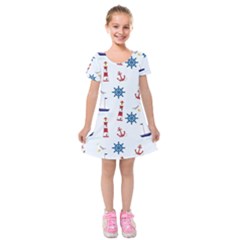 Seaside Nautical Themed Pattern Seamless Wallpaper Background Kids  Short Sleeve Velvet Dress by Simbadda