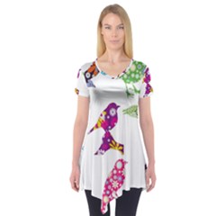 Birds Colorful Floral Funky Short Sleeve Tunic  by Amaryn4rt