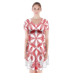 Red Pattern Filigree Snowflake On White Short Sleeve V-neck Flare Dress by Amaryn4rt