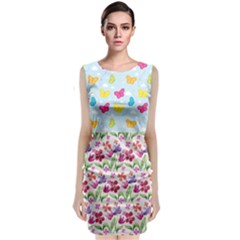 Watercolor Flowers And Butterflies Pattern Classic Sleeveless Midi Dress by TastefulDesigns