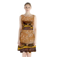 Cheeseburger On Sesame Seed Bun Sleeveless Chiffon Waist Tie Dress by Simbadda