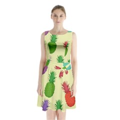 Colorful Pineapples Wallpaper Background Sleeveless Chiffon Waist Tie Dress by Simbadda