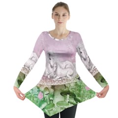 Wonderful Unicorn With Foal On A Mushroom Long Sleeve Tunic  by FantasyWorld7