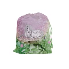 Wonderful Unicorn With Foal On A Mushroom Drawstring Pouches (large)  by FantasyWorld7