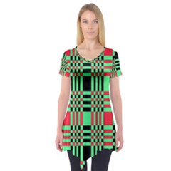 Bright Christmas Abstract Background Christmas Colors Of Red Green And Black Make Up This Abstract Short Sleeve Tunic  by Simbadda