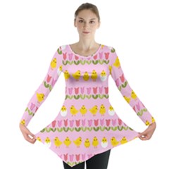 Easter - Chick And Tulips Long Sleeve Tunic  by Valentinaart