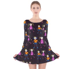 Kids Tile A Fun Cartoon Happy Kids Tiling Pattern Long Sleeve Velvet Skater Dress by Nexatart