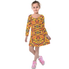 Colorful Vibrant Ornate Kids  Long Sleeve Velvet Dress by dflcprintsclothing