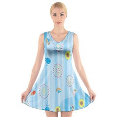 Animals Whale Sunflower Ship Flower Floral Sea Beach Blue Fish V-neck Sleeveless Skater Dress by Mariart