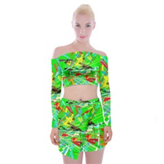 Colorful Painting On A Green Background                 Off Shoulder Top With Skirt Set by LalyLauraFLM