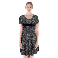 Linear Abstract Black And White Short Sleeve V-neck Flare Dress by dflcprintsclothing