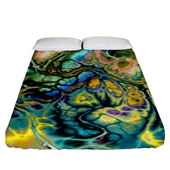 Flower Power Fractal Batik Teal Yellow Blue Salmon Fitted Sheet (king Size) by EDDArt