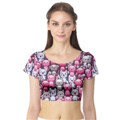 Cute Doodle Wallpaper Cute Kawaii Doodle Cats Short Sleeve Crop Top (tight Fit) by Nexatart