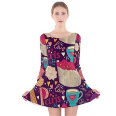 Cute Colorful Doodles Colorful Cute Doodle Paris Long Sleeve Velvet Skater Dress by Nexatart