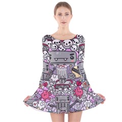 0 Sad War Kawaii Doodle Long Sleeve Velvet Skater Dress by Nexatart