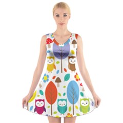 Cute Owl V-neck Sleeveless Skater Dress by Nexatart